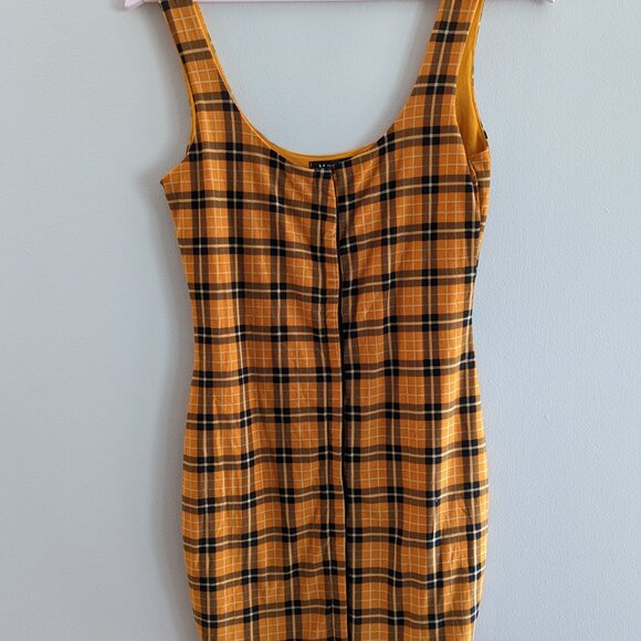 Yellow/Orange And Black Plaid Bodycon Dress Snaps Closure - Picture 2 of 4